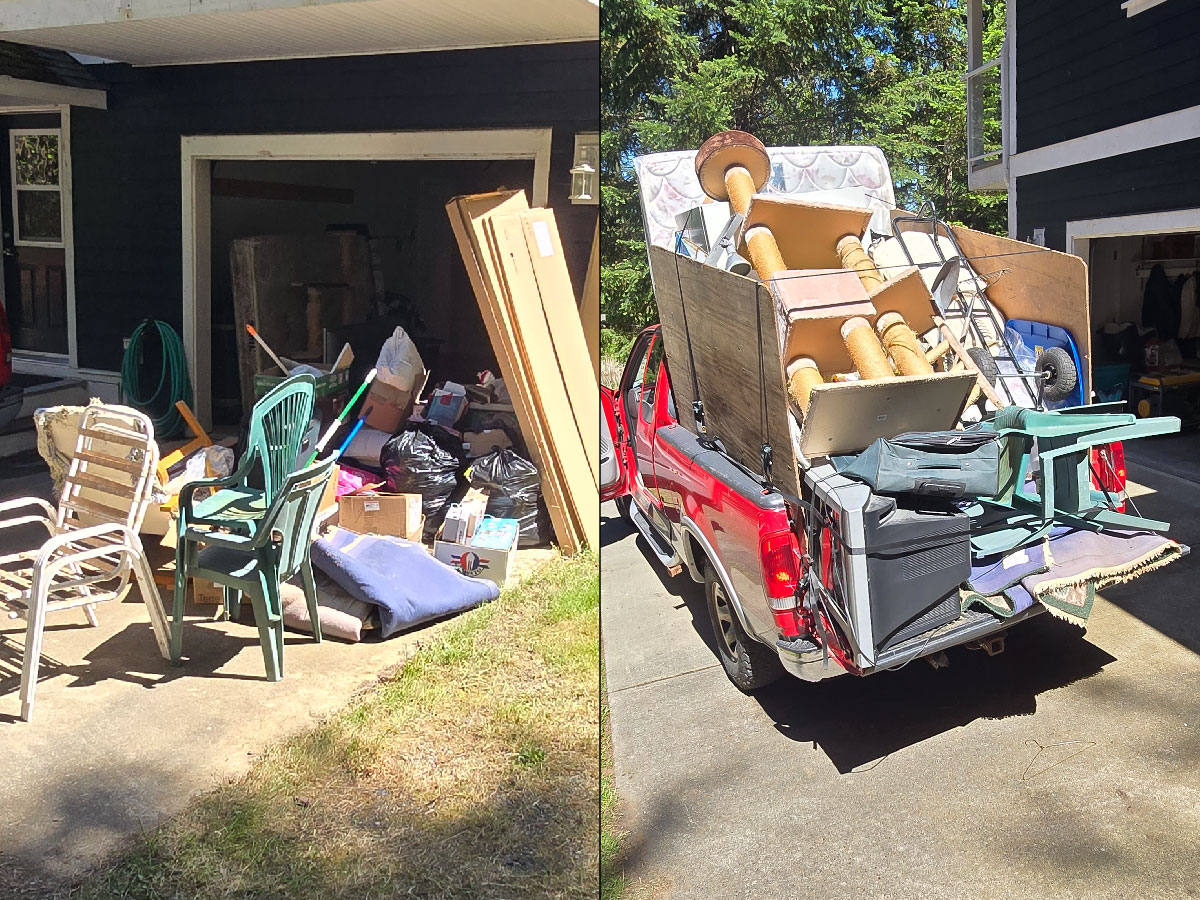 Patio furniture, boxes, household junk, and mixed items loaded into a pickup for Nanaimo junk removal.